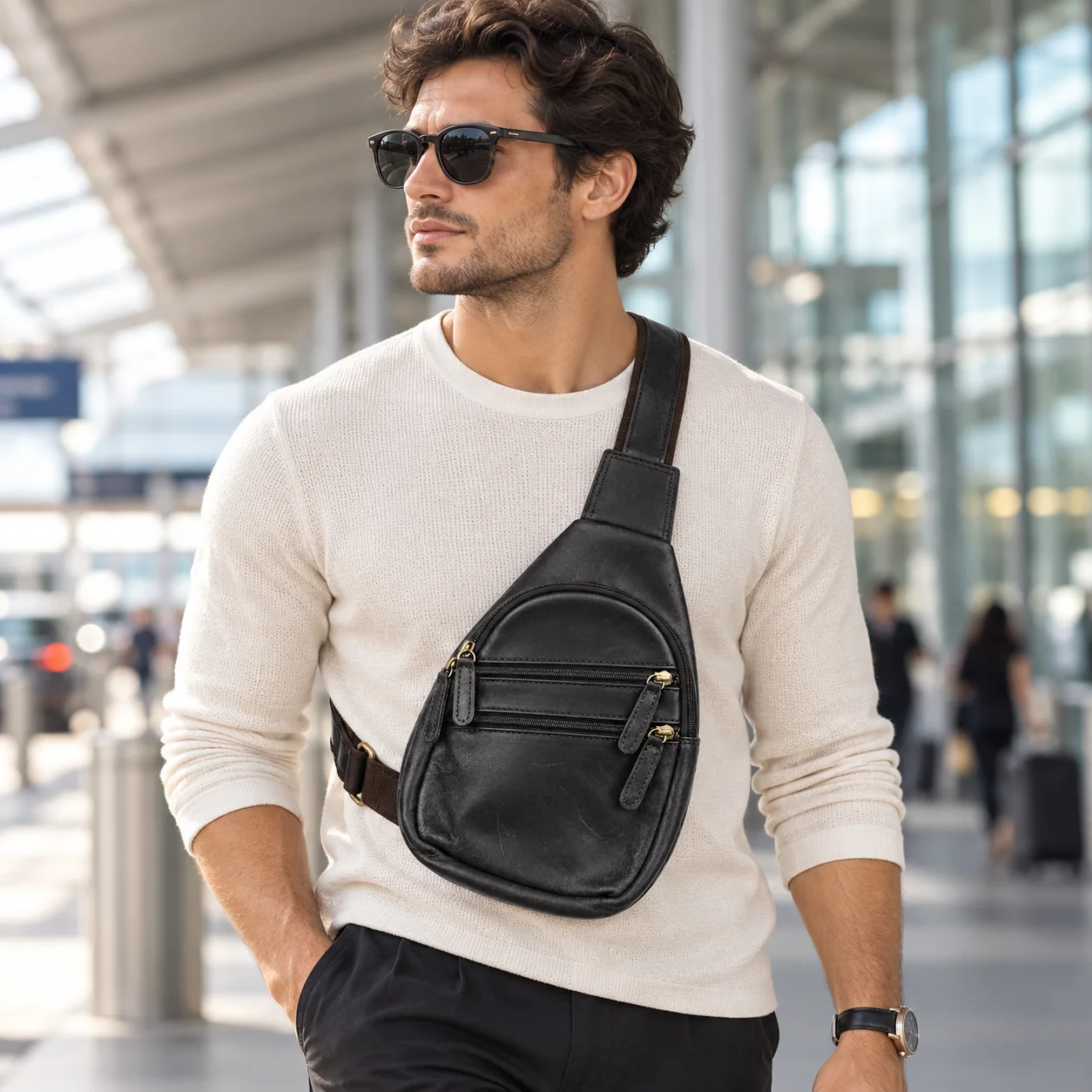 Black Dot On Dot Sling Bag worn across the chest