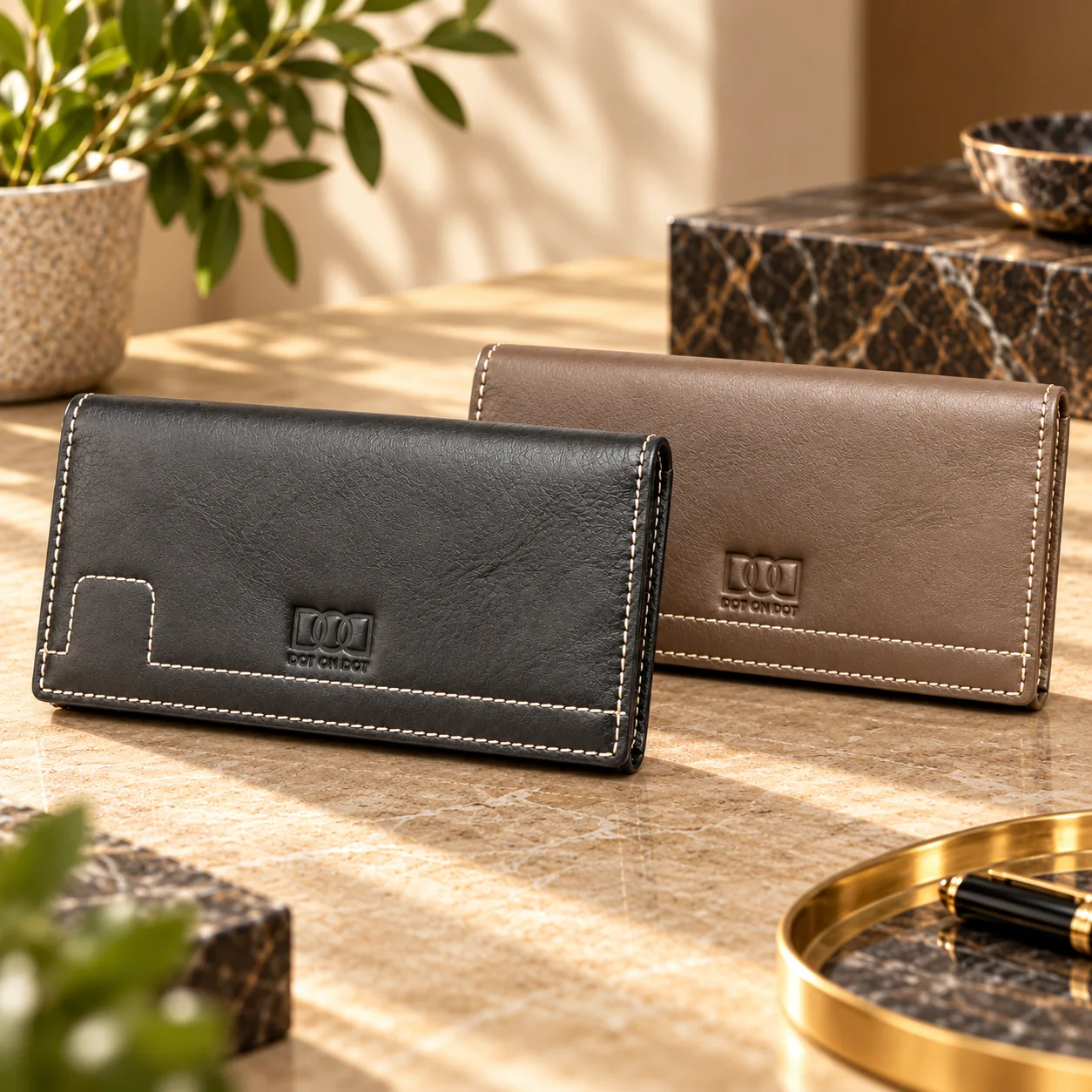 Grey and brown Long Wallets displayed on a warm tabletop