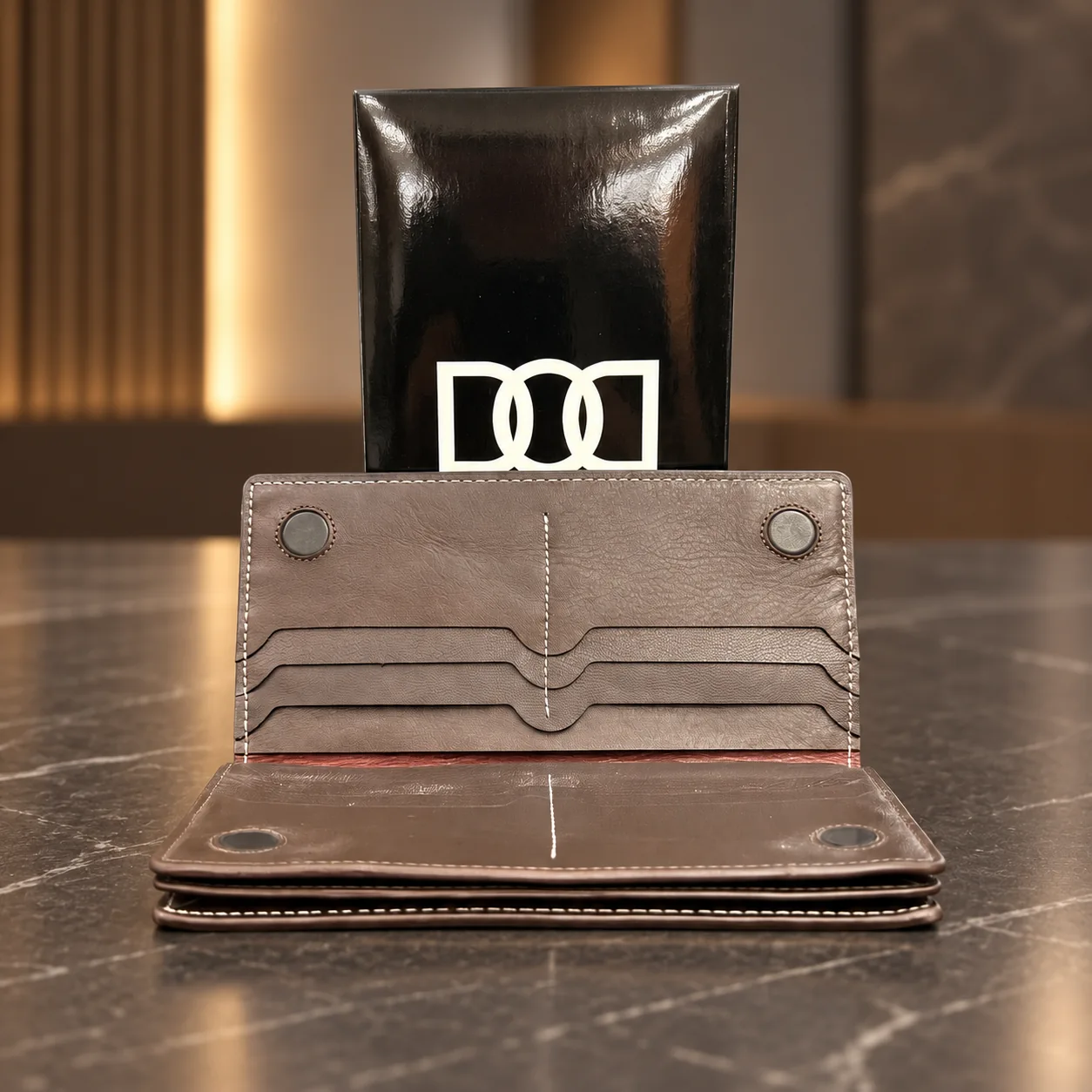 Open brown Dot On Dot Long Wallet showing its card slots